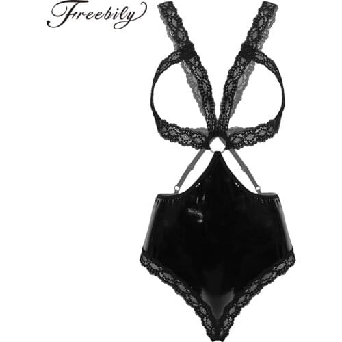 Womens Erotic One-piece Lingerie Floral Lace Open Cups with Patent Leather Spliced Open Butt Bottoms Teddy Bodysuit Nightwear
