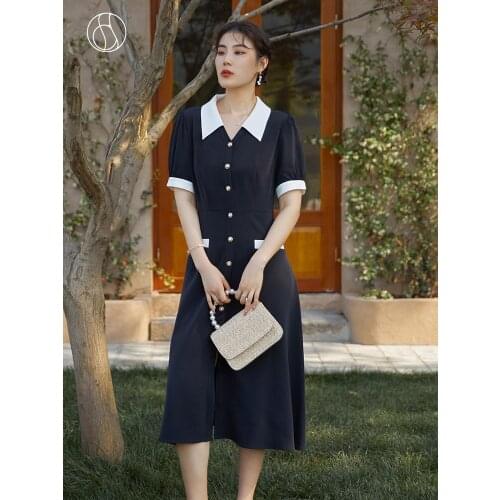 DUSHU Loose Office Lady Contrast Stitching French Black Silk Dress Women Summer 2021 New Retro Classic Black A-line Long Dress