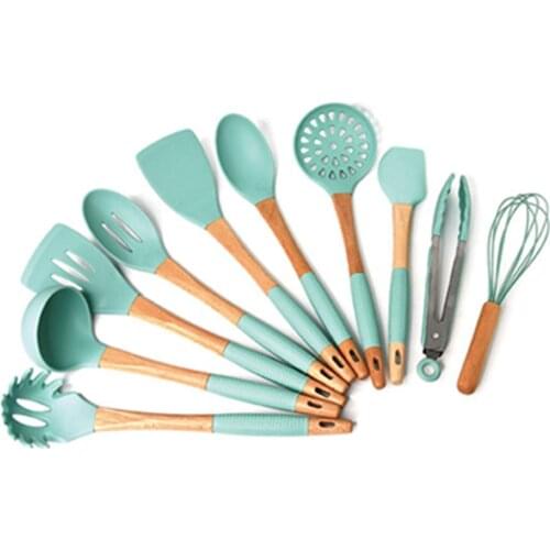 10 Kitchenware Sets Heat Resistant Wooden Handle Spatula Soup Spoon Skimmer Egg Beater Tongs Pasta Server Non-Stick Cooking Set