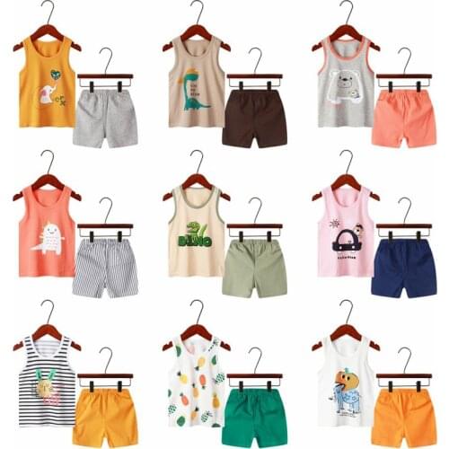 2021 new summer children clothes sets 2-8 years cotton boys girls vest sets cartoon print kids sets unisex