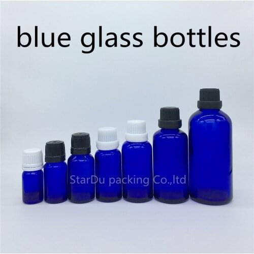 5ml 10ml 15ml blue Glass Bottle, 20ml 30ML 50ml 100ml blue Essential Oil Bottle with tamper evident cap Perfume bottles 100PCS