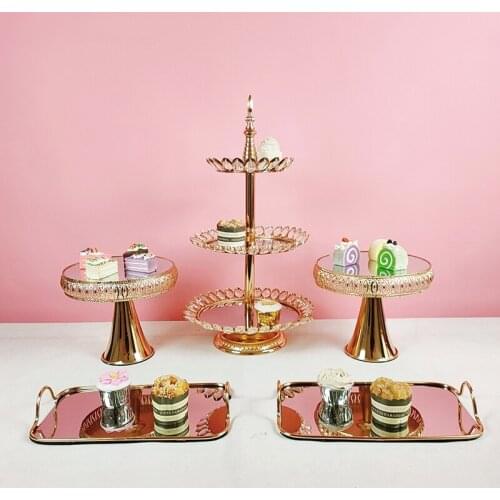 5pcs/lot mirror Crystal beads cake stand set gold plated surface dessert stand wedding party table decoration