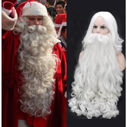 Biamoxer Adult Christmas Cosplay Wigs Beard Santa Claus White Curly Long Synthetic Hair Wig