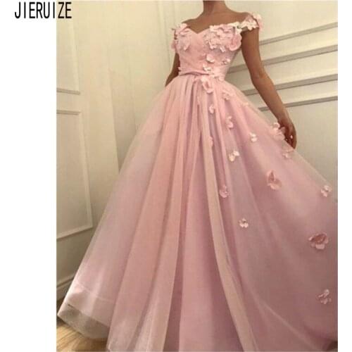 JIERUIZE Pink Long Wedding Dresses Off the Shoulder Handmade flowers Lace Up Back Bridal Gowns vestido de noiva Bride Dresses