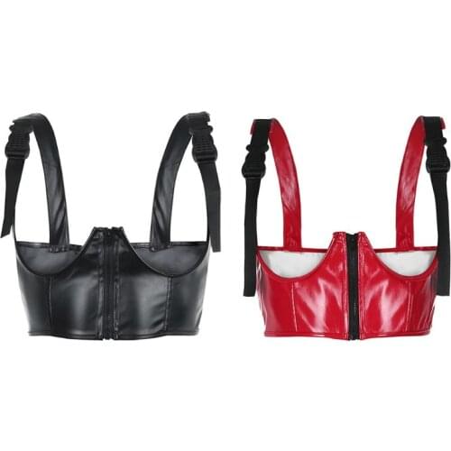 Women Harajuku Punk Open Cup Tank Top Faux Leather Cropped Bustier Corset Zipper Front Buckle Strap Gothic Push Up Slim Vest