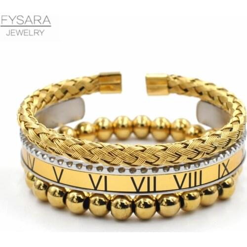 FYSARA Classic Brand Speedometer Roman Letter Cuff Bracelets Bangles Gold Color Lover Beads Pulseira Set 3pcs Fashion Jewelry