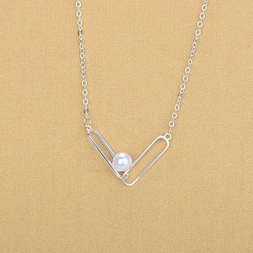 Geometric 925 Sterling Silver Double Pin Pearl Pendant Necklaces Jewelry For Women Collar