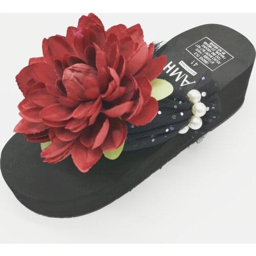 HAHAFLOWER Sweet Bling Flower Bride Wedding Summer Slippers Women black Shoes red rose 2020 Wedge High Heel Platform Outside