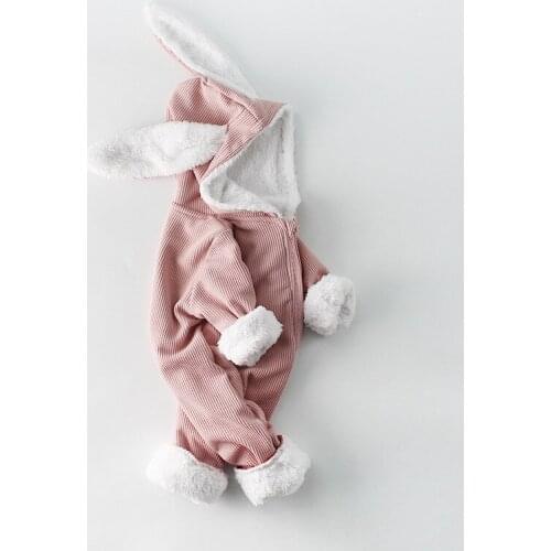 Winter Newborn Baby Girls Infant Toddler Cute Long-ear Rabbit Thicken Warm Zipper Cute Romper Jumpsuit Outfits Casual Clothes