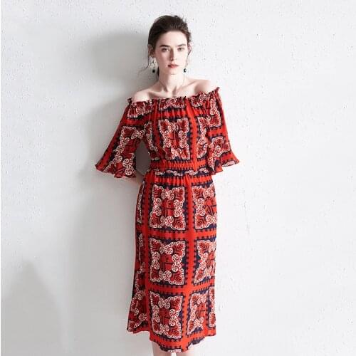 Red Chiffon Retro Bohemian Floral Silk Crepe Dresses Women 2021 Summer Long Casual Sexy Office Work Daily Dress Plus Size Slim