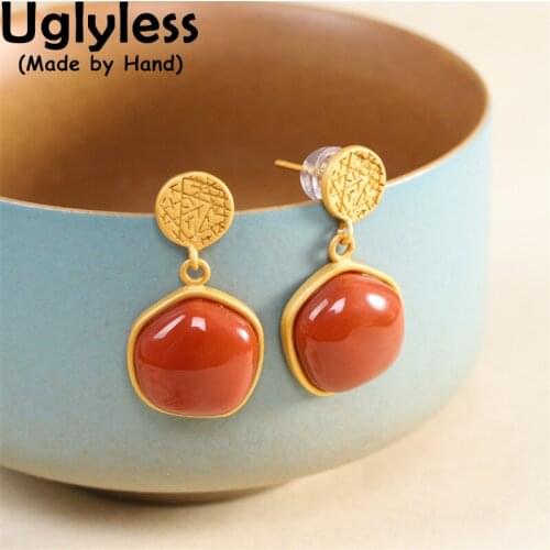 Uglyless Minimalism Irregular Round Earrings for Women Natural Agate Gemstones Earrings 925 Silver Brincos Gold Fashion Jewelry