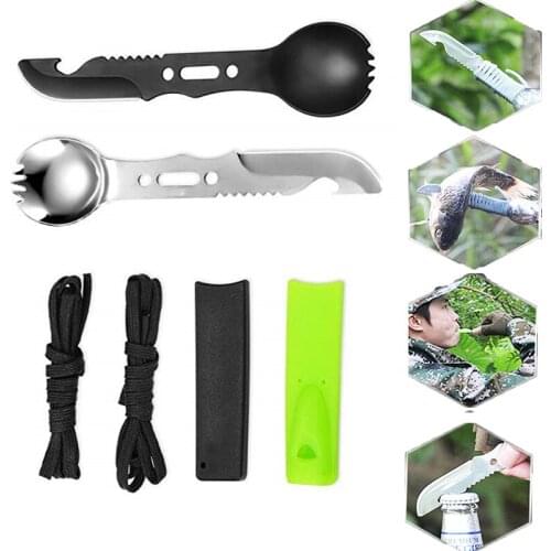 5 In 1 Outdoor Spoon Fork Knife Set Whistle Camping Survival Tool Hiking Hunting EDC Survival Multifunctional Tableware Utensil