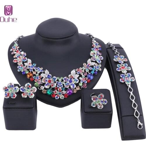 Stunning Crystal Flower Wedding Jewelry Choker Necklace Earrings Bracelet Ring Set Women Bridal Jewelry Set