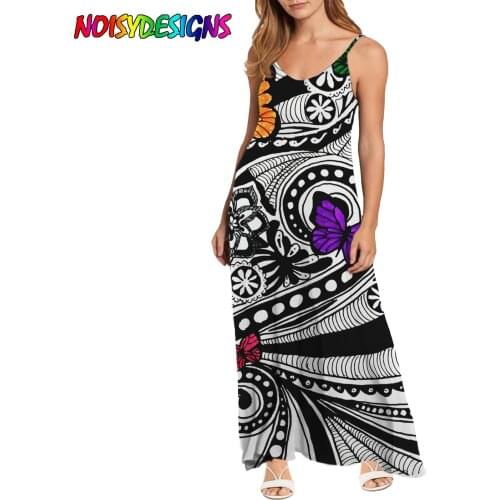 NOISYDESIGNS Polynesian Tattoo Design Summer Women Dresses Black Spaghetti Strap Long Party Club Dress For Women Female Ladies