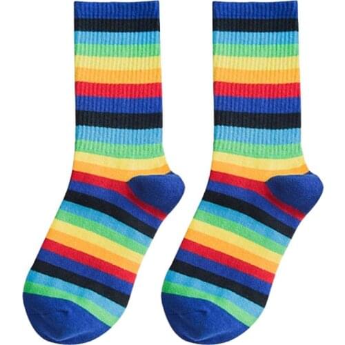 2019 New Fashion Rainbow Socks Womens Cotton Medium Length Socks Color Stripes Wild Casual Sports Style Socks