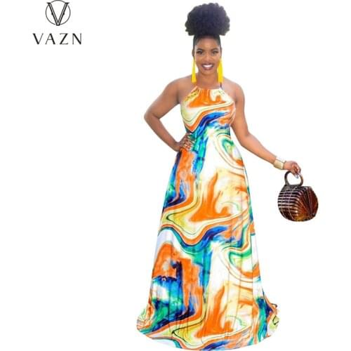 VAZN New 2021 Sleeveless Vintage Spaghetti Strap Summer Boho Print Sexy O-neck Dresses Sexy Shinny Young Lady Dress