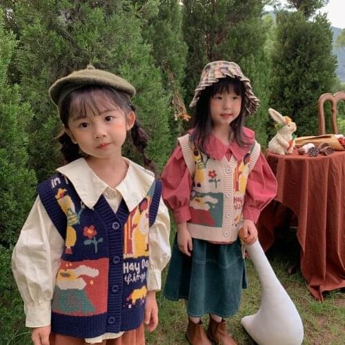 Autumn Kids Clothes Cartoon Vest Girls Sleeveless V-Neck Sweater Korean Girl Knitting Clothing
