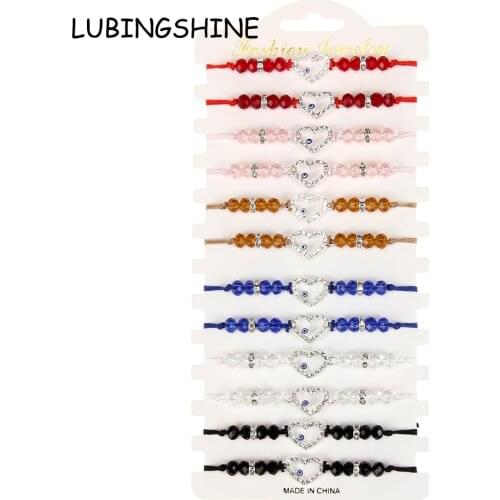 Boho 12pc/set Colorful Crystal Beads Heart Pendant Charm Bracelets Anklet Adjustable Cotton Rope Braided Bracelet Set for Women