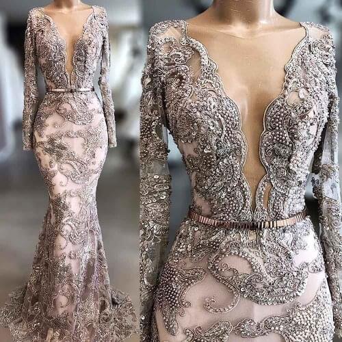 Luxury Arabic Lace Crystal Evening Dress Long Sleeves Sequins tulle Plunging Neck Hand Make Beaded Sheer Mermaid Prom Gown noiva