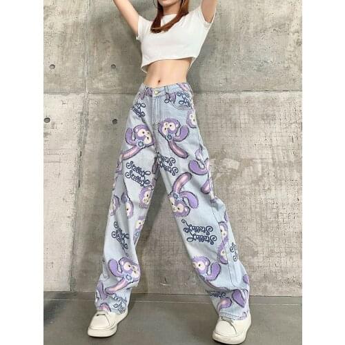 Cartoon printed high waist wide leg jeans womens straight tube loose plus size slim pants women jeans