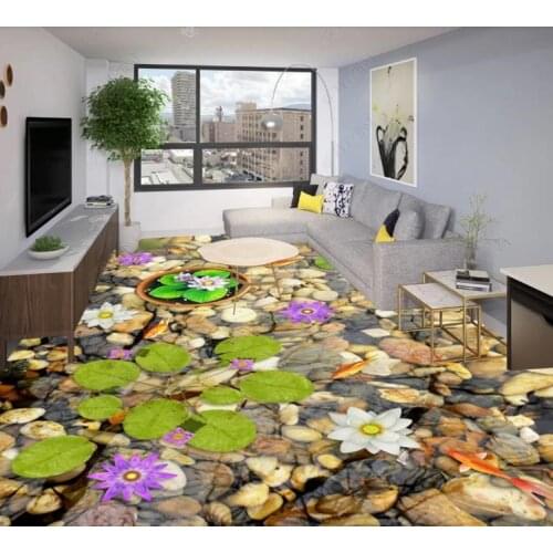 Custom Mural Floor Goldfish play lotus clear stream 3D floor Bedroom Living Room Bathroom Self-adhesive waterproof Floor Decor