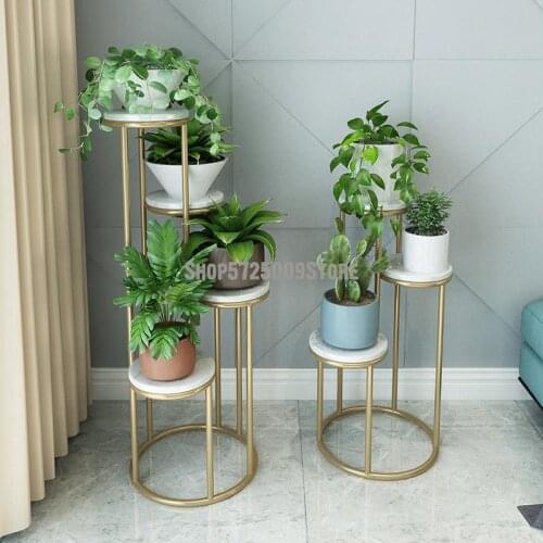 Nordic wrought iron flower stand indoor multi-layer green marble flower pot stand living room balcony simple floor light luxury