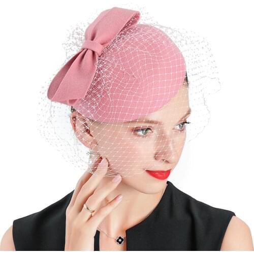 Fascinators Hats For Woman Wedding Pink Fedoras Cap Church Hats Wool With Veil Pillbox Cap Womens Bow Elegant Fedora Winter Hat