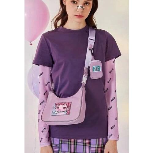 Women Purple Cartoon Print Shoulder Bag 2021 New Baguette Bag Casual Girls Armpit Bag Solid Color Handbag Street Crossbody Bag