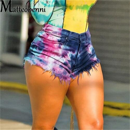 2XL Plus Size Women Classic Zipper Fly Washed Tassel Hem Streetwear Tie Dye Print Jeans Shorts Vintage Ripped Short Denim Jeans