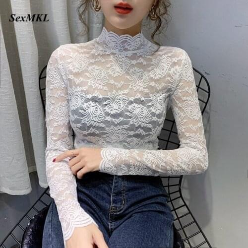 Women Sexy White Lace Blouses 2020 Korean Style Fashion Long Sleeve Winter Basic Tops Womens Clothing Transparent Black Blouse