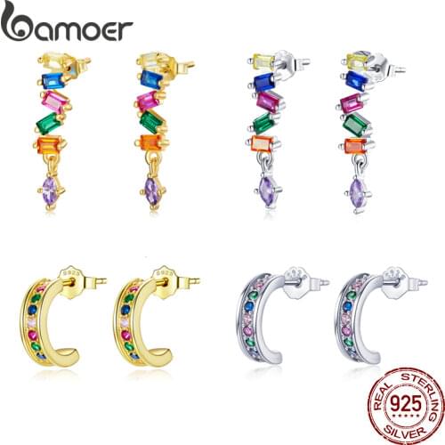BAMOER Vintage Rainbow 925 Sterling Silver Square Zircon Stud Earrings Beating Color Earrings for Women Fashion Jewelry SCE1185