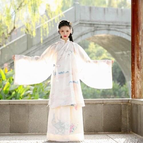White large sleeve stand collar Hanfu womens standing collar calico long shirt printed one piece embroidered skirt set