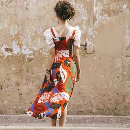 Women Summer Bohemian Long Ladies Elegant Beach Casual Print Sexy Front Slit Lace V-Neck Vacation Maxi Color Dress