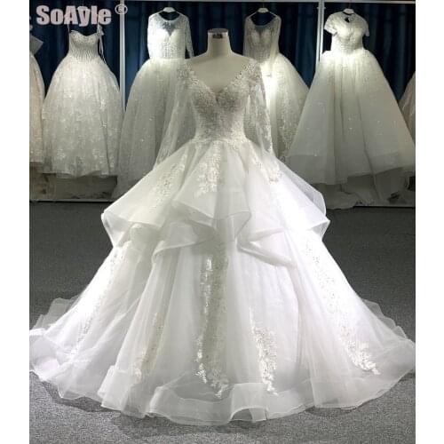 SoAyle Luxury Layering Wedding Dress Long Sleeves Beading Deep V-neck Wedding Dresses for Women vestido de novia