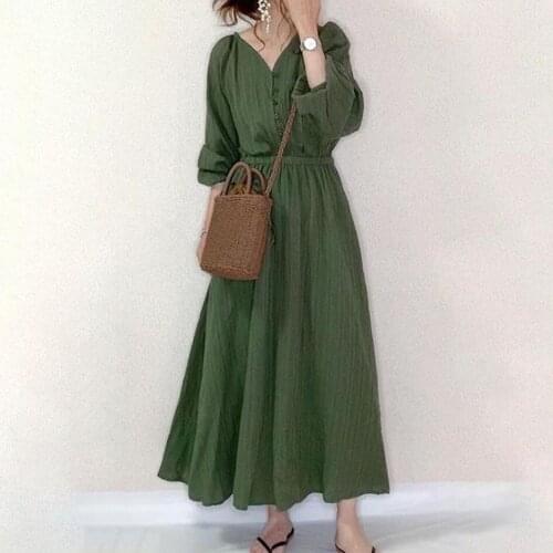 2020 Spring Autumn Dress Women One Size V-Neck Sexy Long-Sleeved Ankle-Length Japan Style Elegant Green Dress Casual Evening