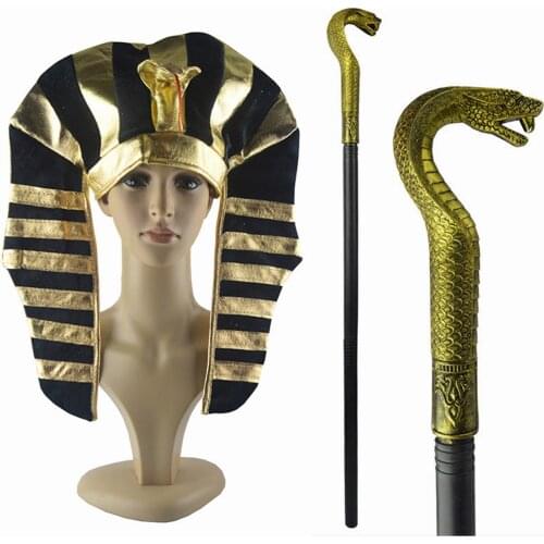 3pcs/set Egyptian Costume Golden Pharaoh King Hat Golden Cleopatra Snake-shaped Headdress with Scepter Halloween Cosplay Props