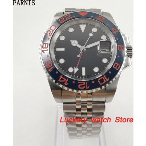 40mm Parnis Blue Ceramic Bezel black dial red GMT luminous marks sapphire glass automatic Mens Watch-PA76
