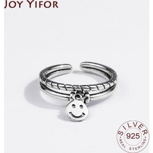925 Sterling Silver Rings for Women Smile Face Vintage Wedding Trendy Jewelry Large Adjustable Antique Rings Anillos