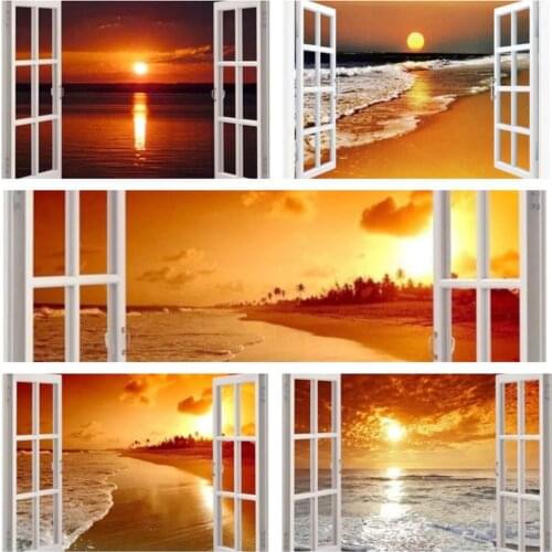 Uone Diamond Painting5d Cross Stitch Scenery Sea Beach Window Square RoundEmbroider Rhinestone Kids Adult Home Office Decor Gift