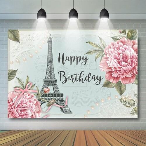 Girls Birthday Backdrop Eiffel Tower Rose Florals Lace Decorative Vinyl Glitter Pearl Photography Background For Photo Studio