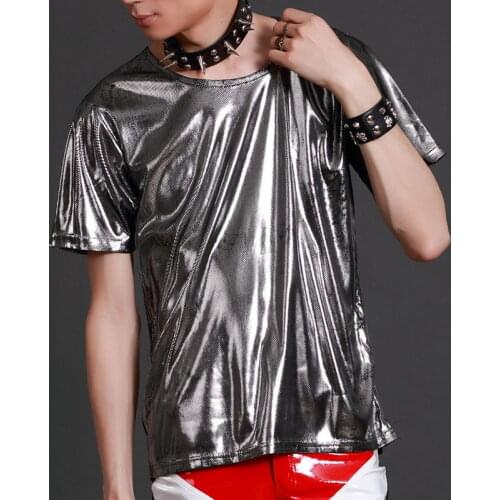 Nightclub Male Singer Personality Slim Solid Color Short-sleeved T-shirt Performance Clothing Night Bar Dj Hip-hop Stage Summer