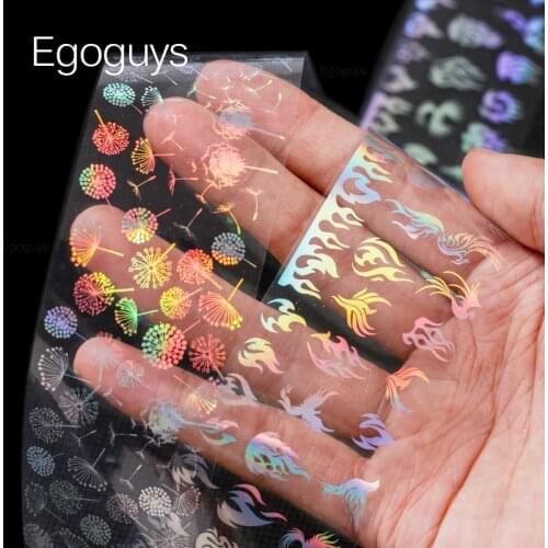 1PC 4*100cm Holographic Laser DIY Nail Art Water Transfer Stickers Glitter Flame Flower Geometric Decorations Decals Foils Tips