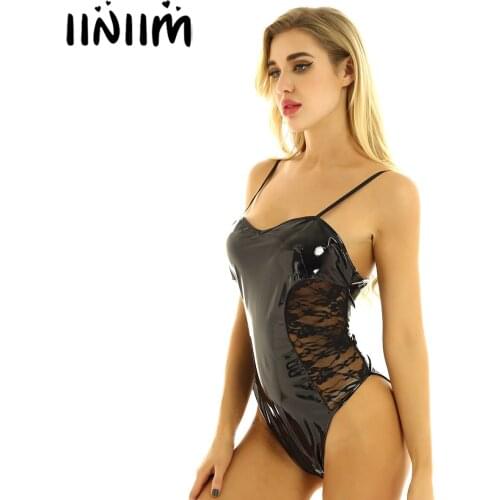 Hot Sexy Womens Lingerie Body Latex Catsuit Clubwear Zippered Crotch Wetlook Leather Spaghetti Straps High Cut Bodycon Bodysuit