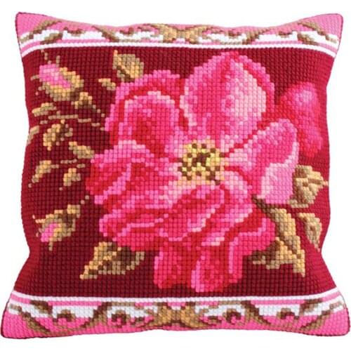 Latch Hook Cushion Red Flower Pillow Case Acrylic Yarn Pre-Printed Color Canvas Crochet Cushion Cover Christmas Decoration