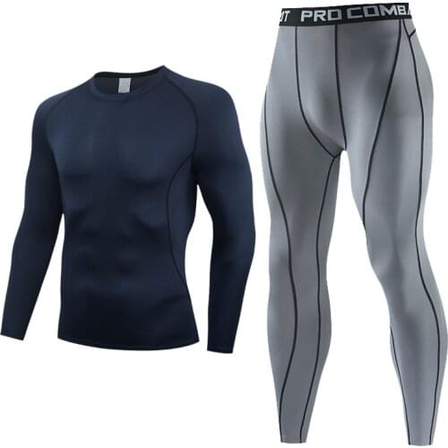 Men Navy Compression set MMA Long Sleeve T-shirt Mens Sport Tights Pants Fitness Bodybuilding Clothes work out Running Suit