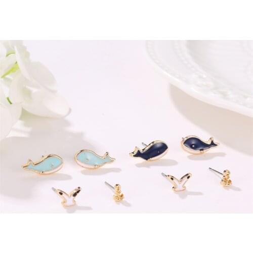 4 Pcs Korea Fashion Cartoon Earrings Set Cute Whale Dolphin Stud Earrings Two Piece Suit For Women Girl Gifts Minimalist Jewelry