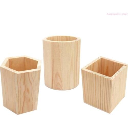Office Stationery Organizer Wooden Pen Storage Box, Makeup Brush Container for Home Desktop Supplies, 3 Shape Available