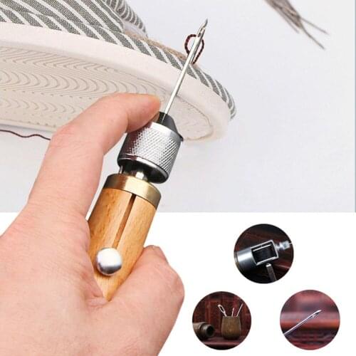 DIY Wooden Handle Waxed Thread Leather Sewing Machine DIY Punch Awl Stitching Needle Sewing Craft Canvas Hand Repair Tool