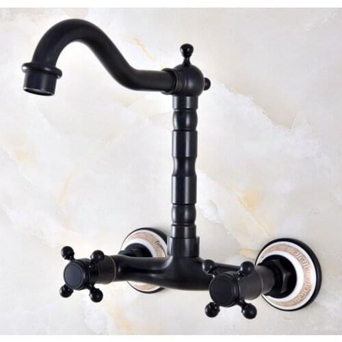 Black Oil Rubbed Bronze Ceramic Base Wall Mounted Bathroom Kitchen Sink Faucet Swivel Spout Mixer Tap Dual Cross Handles anf872