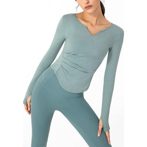 Loose Sports Shirts Top Women Autumn and Winter Long Sleeve Yoga Blouse V-neck Running Elastic Thumb Holes Leisure Gym T-shirt